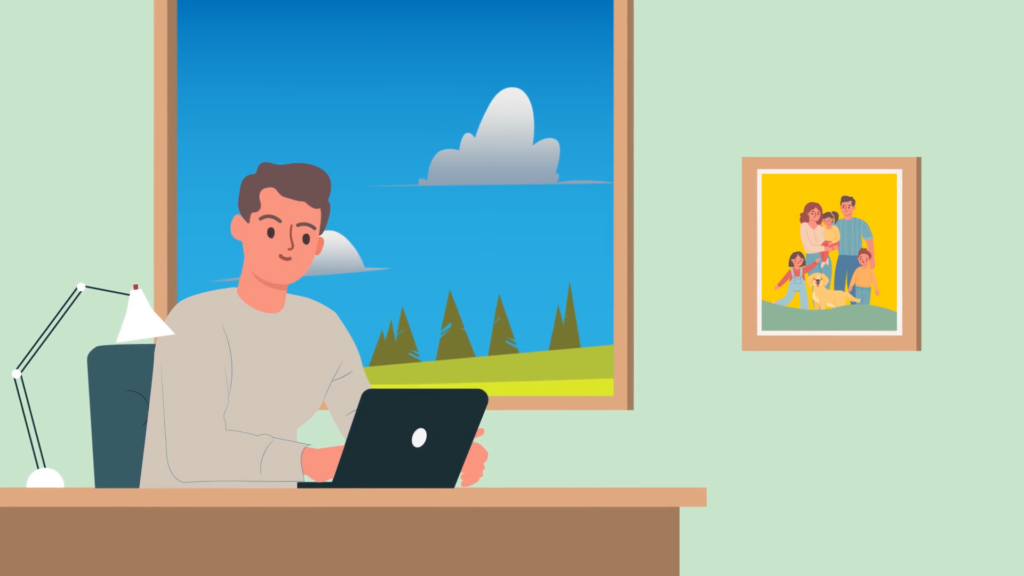 cartoon graphic of a man looking at a laptop
