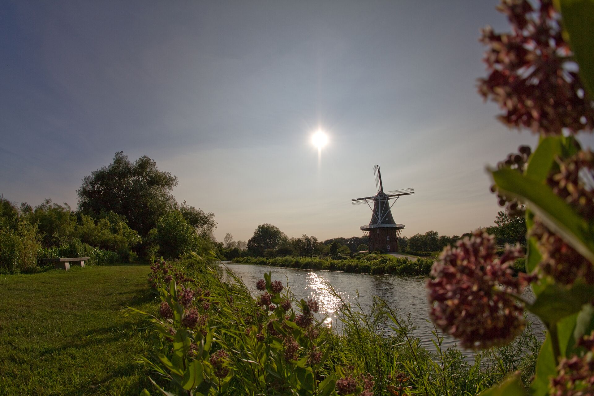 Scenic view of a windmill by a stream.