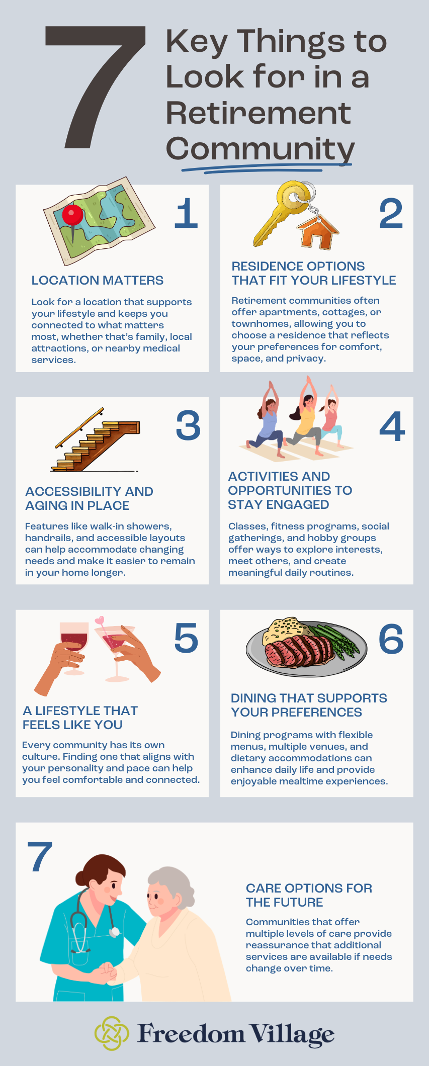 7 key things to look for in a retirement community infographic