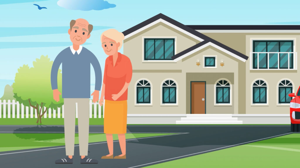 cartoon graphic of an older adult couple standing outside a home