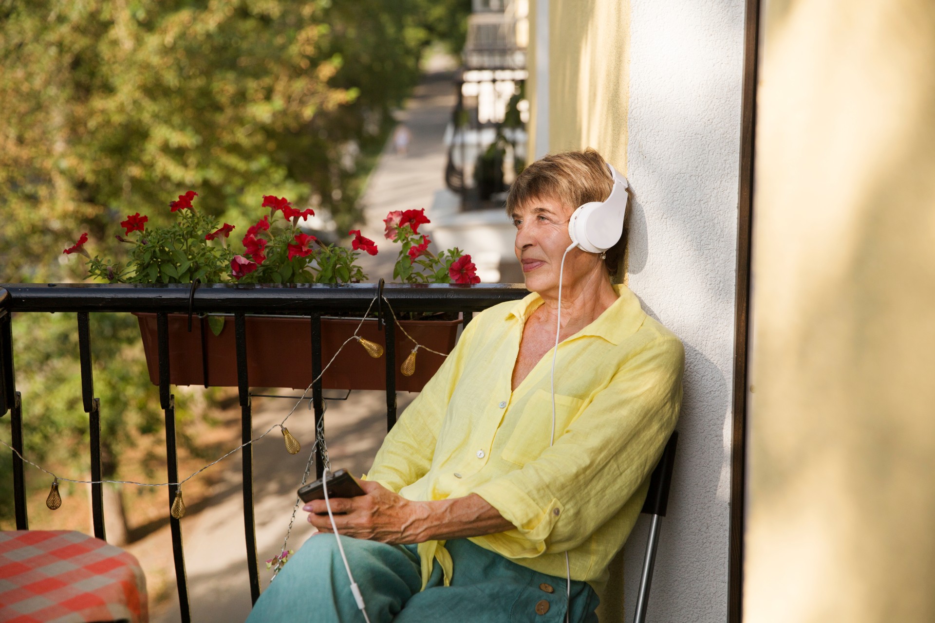 woman listening to headphones